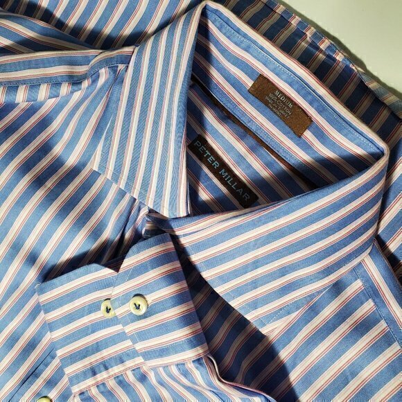 Peter Millar Men's Medium Long Sleeve Blue, White, Pink Stripe Button Down Shirt - Picture 3 of 3